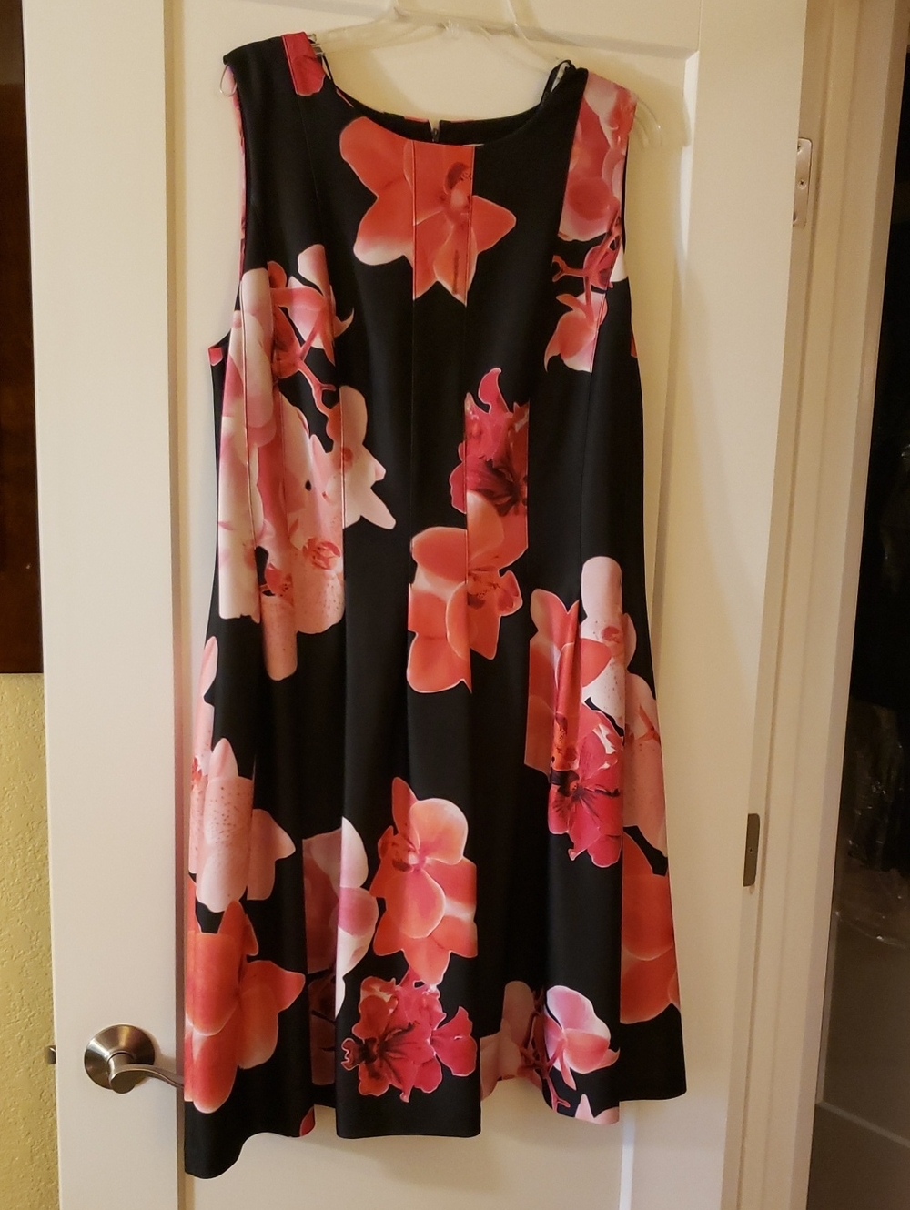Calvin Klein Black Sleeveless Dress with Coral and Pink Floral Print